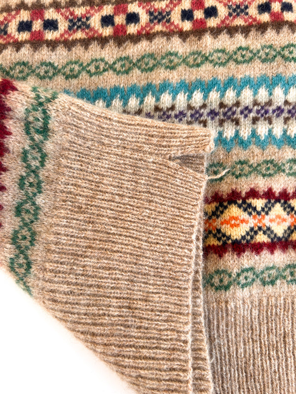 Polo Ralph Lauren Hand Knit Fair Isle V-Neck, Tan with Fourteen Colours - Wool and Lambswool, Labelled L — view 7