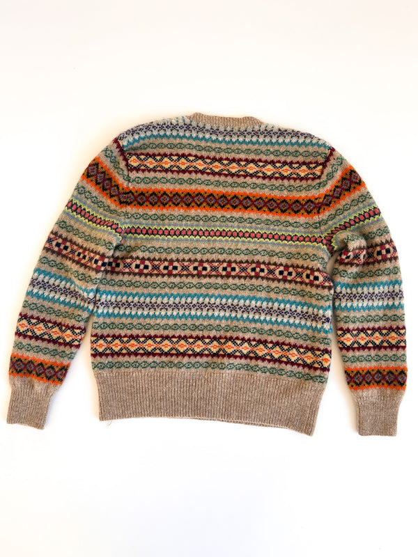 Polo Ralph Lauren Hand Knit Fair Isle V-Neck, Tan with Fourteen Colours - Wool and Lambswool, Labelled L — view 9