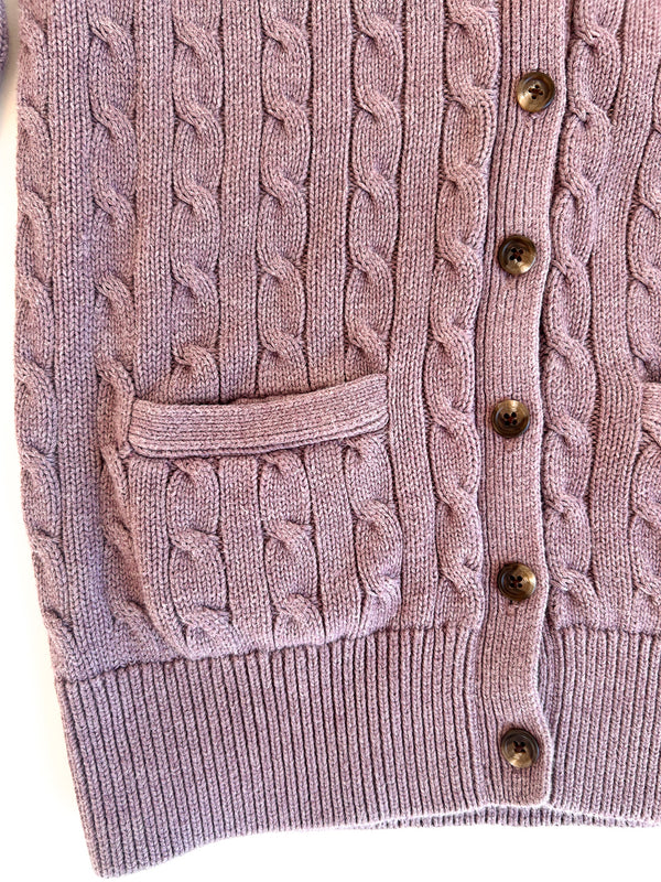 Vintage Ralph Lauren Soft Purple Cotton Cable Cardigan with Camel Suede Shoulder Patch - Made in Hong Kong, Size M — view 4