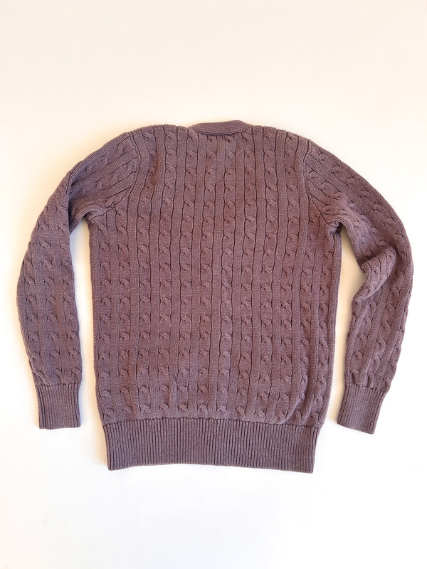 Vintage Ralph Lauren Soft Purple Cotton Cable Cardigan with Camel Suede Shoulder Patch - Made in Hong Kong, Size M — view 2