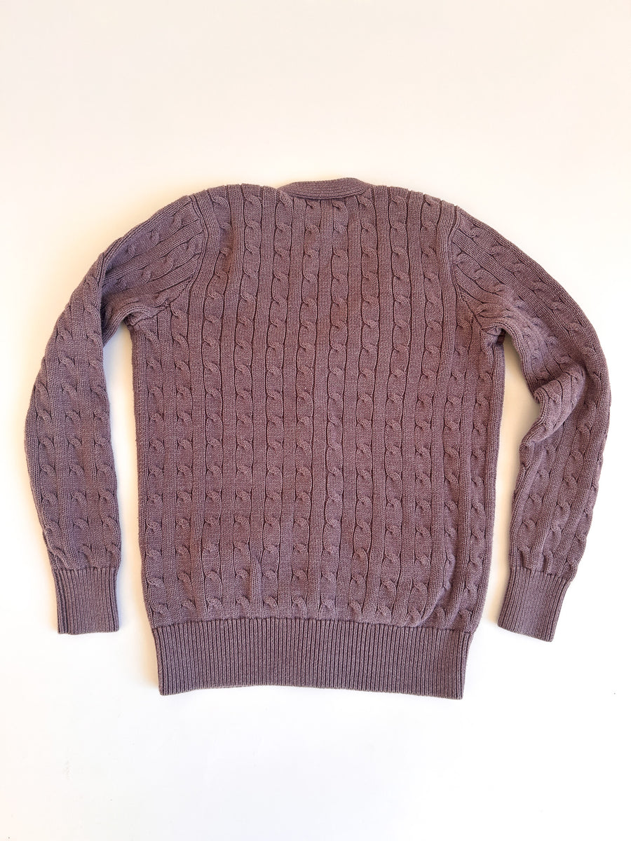 Vintage Ralph Lauren Soft Purple Cotton Cable Cardigan with Camel Suede Shoulder Patch - Made in Hong Kong, Size M — alternate view