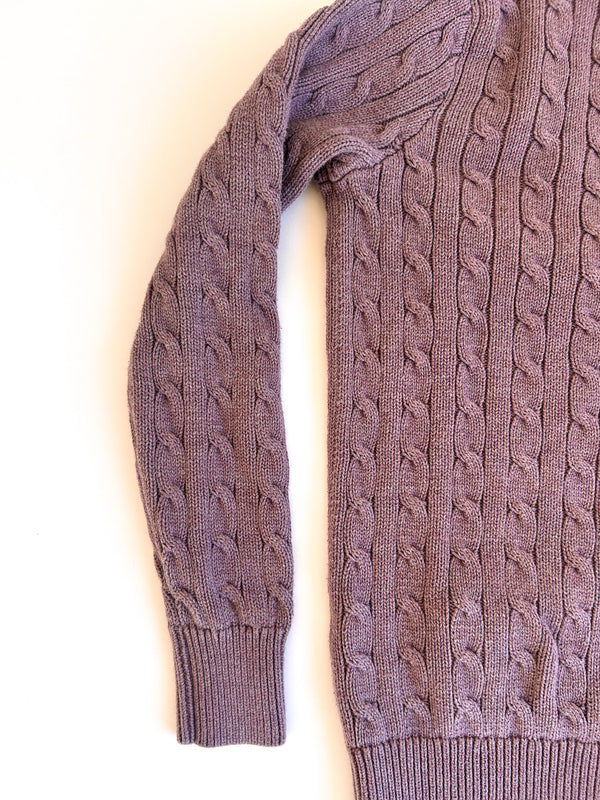 Vintage Ralph Lauren Soft Purple Cotton Cable Cardigan with Camel Suede Shoulder Patch - Made in Hong Kong, Size M — view 5