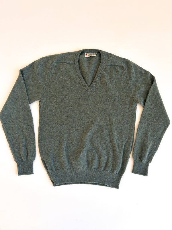 Vintage Pringle of Scotland Olive and Blue Marled Lambswool V-Neck for The Scotch House, Knightsbridge - Made in Scotland, 42 — view 1