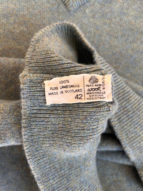 Vintage Pringle of Scotland Olive and Blue Marled Lambswool V-Neck for The Scotch House, Knightsbridge - Made in Scotland, 42 — view 4