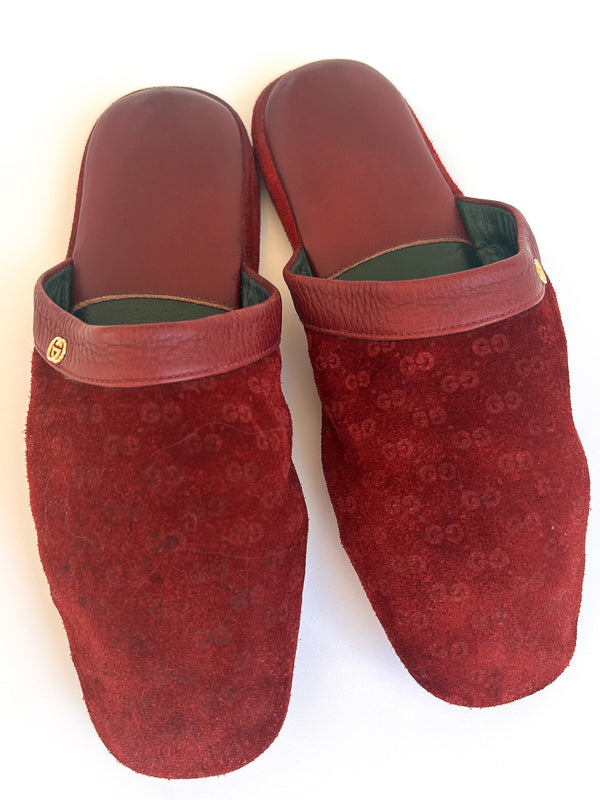 Vintage Gucci Burgundy Suede House Slippers, GG Embossed with Green Leather Lining - Made in Italy, EU 36 — view 6
