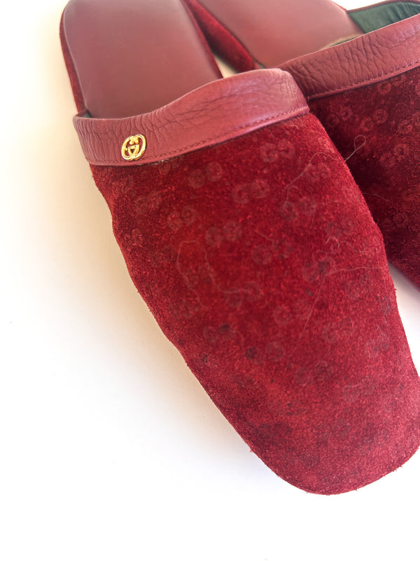 Vintage Gucci Burgundy Suede House Slippers, GG Embossed with Green Leather Lining - Made in Italy, EU 36 — view 3
