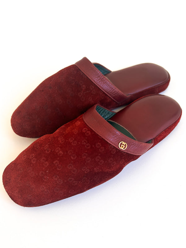 Vintage Gucci Burgundy Suede House Slippers, GG Embossed with Green Leather Lining - Made in Italy, EU 36 — view 2