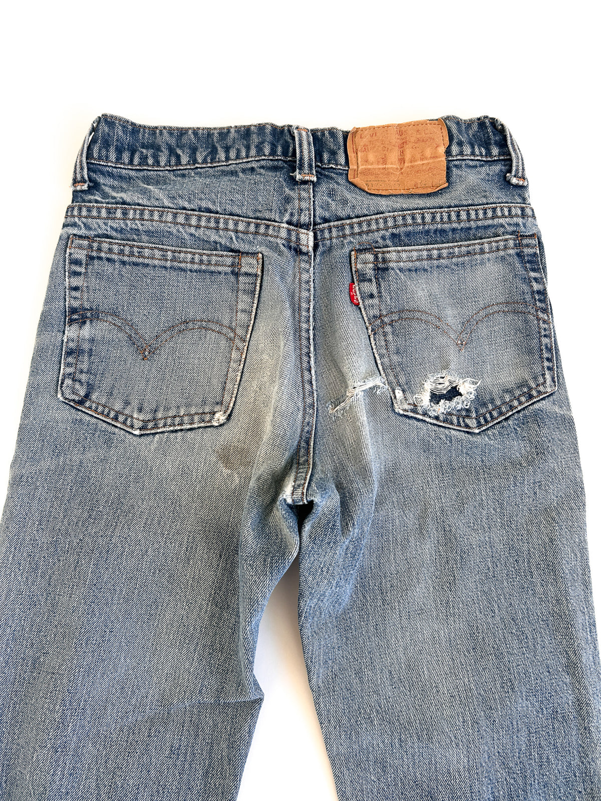 1980 Levi's 517 Boot Cut Jeans, Faded Indigo with Honest Wear - Small e Red Tab, Made in USA, 28 x 32