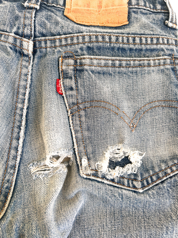 1980 Levi's 517 Boot Cut Jeans, Faded Indigo with Honest Wear - Small e Red Tab, Made in USA, 28 x 32 — view 3