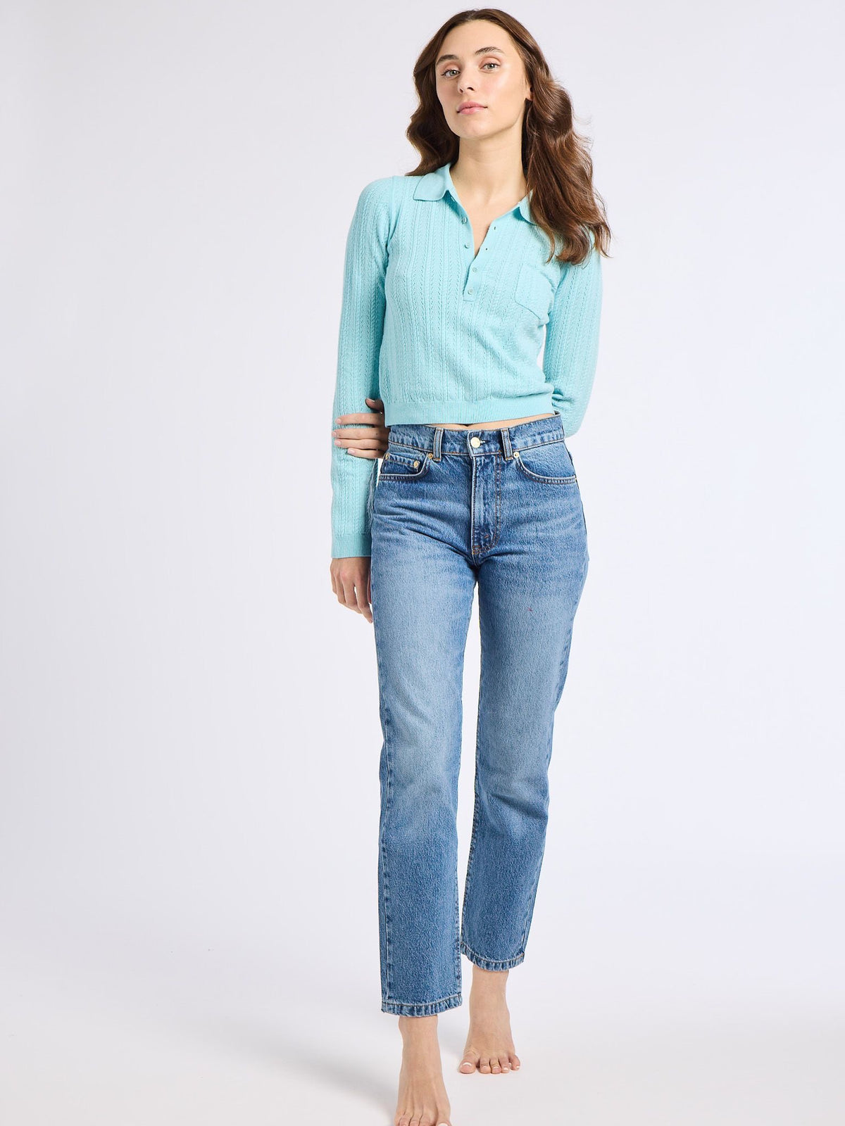 Marina Cashmere Polo in Tiffany — The cut