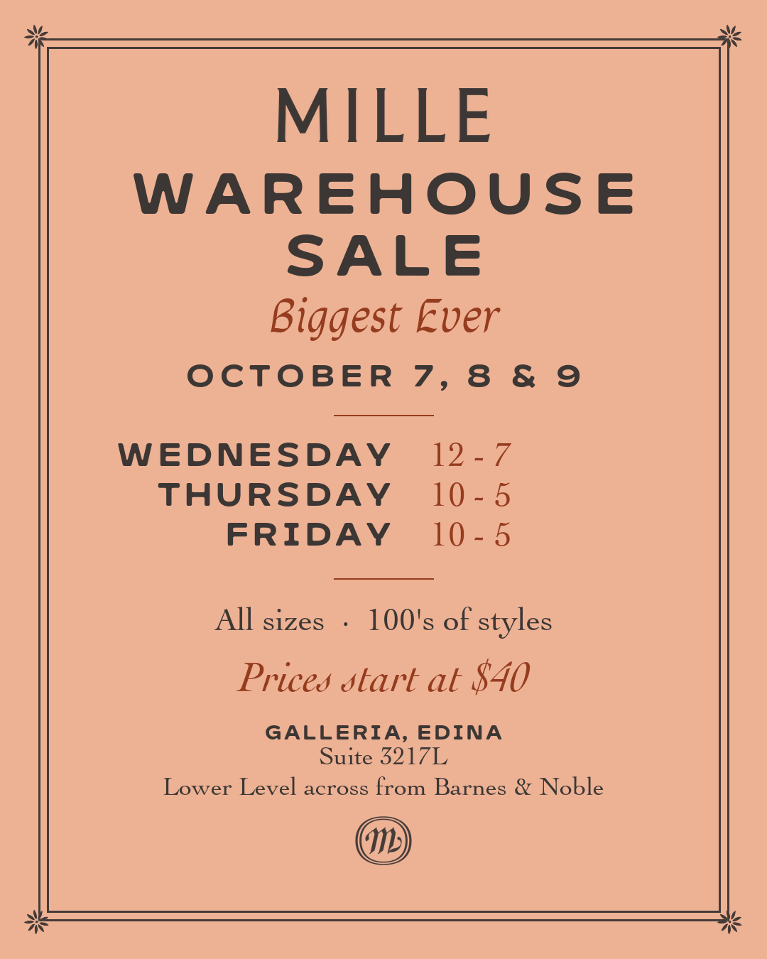 WAREHOUSE SALE - OCTOBER 7, 8 & 9