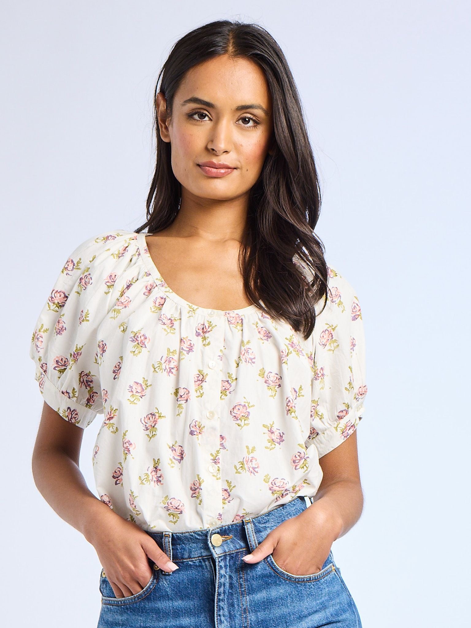 Naomi Top in Rose Block Print