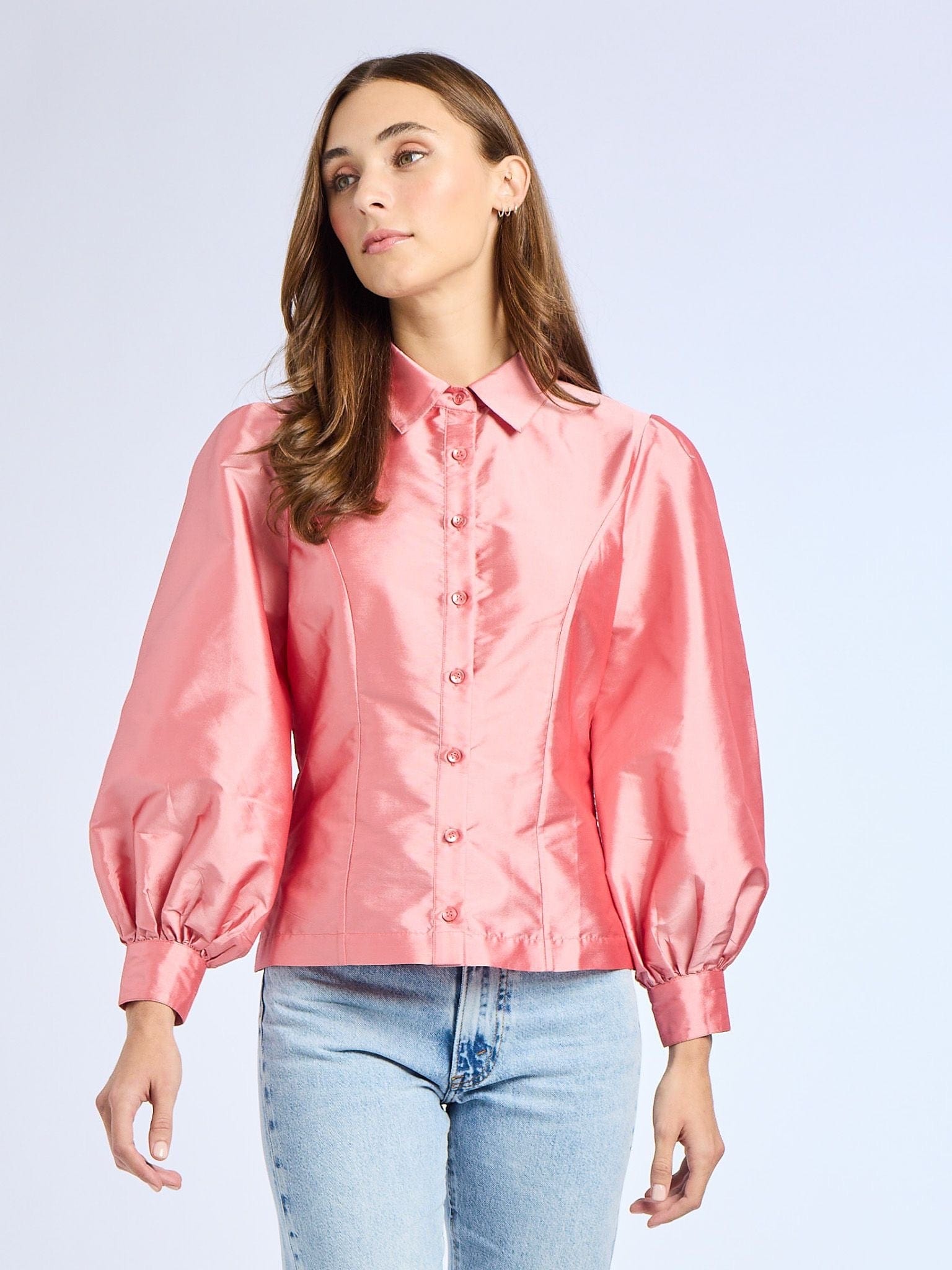 Adeline Top in Peony Taffeta | MILLE – Puffed Sleeve Button-Down