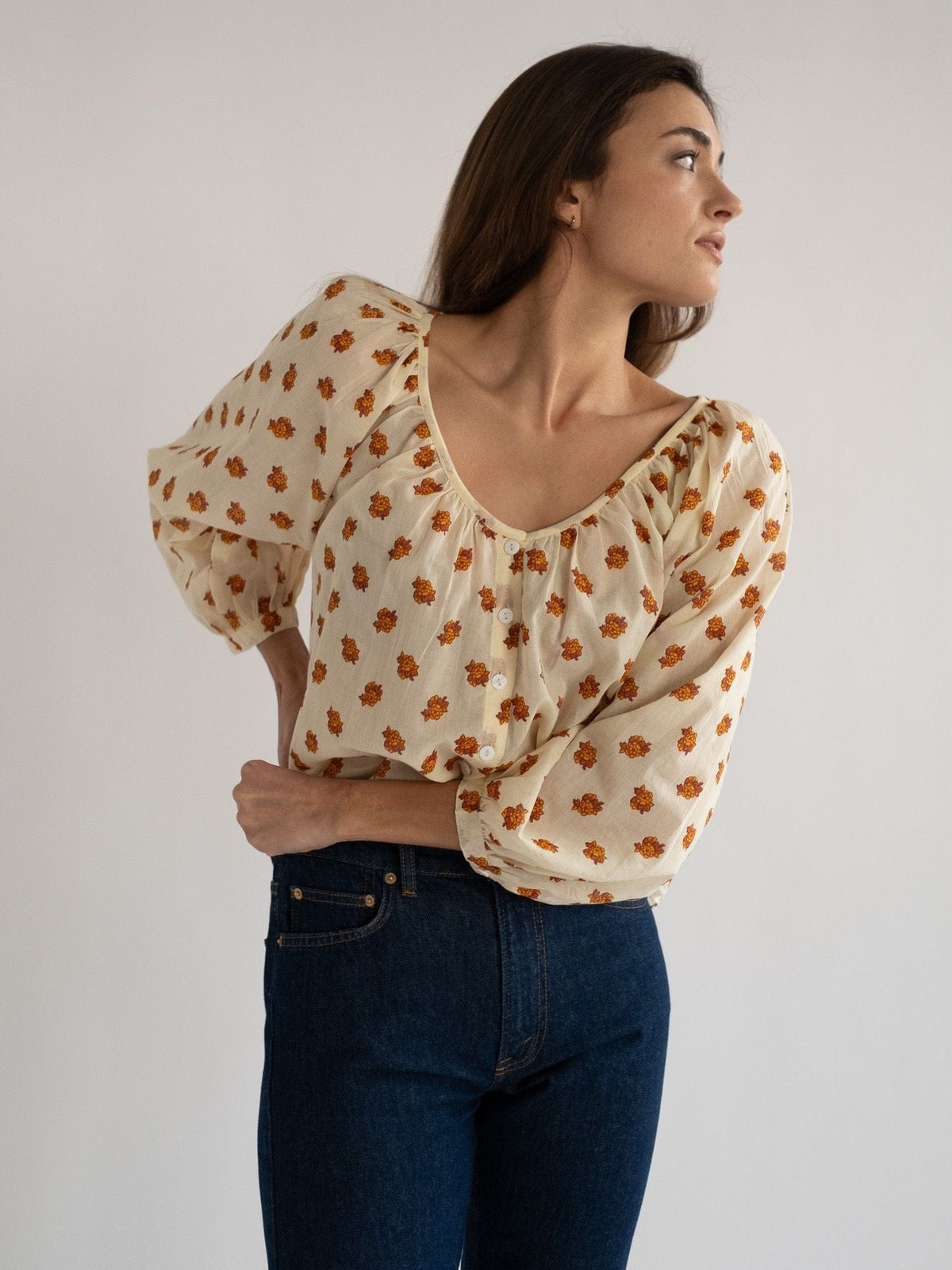 Aly Top in Honey Petite Bouquet — The cut