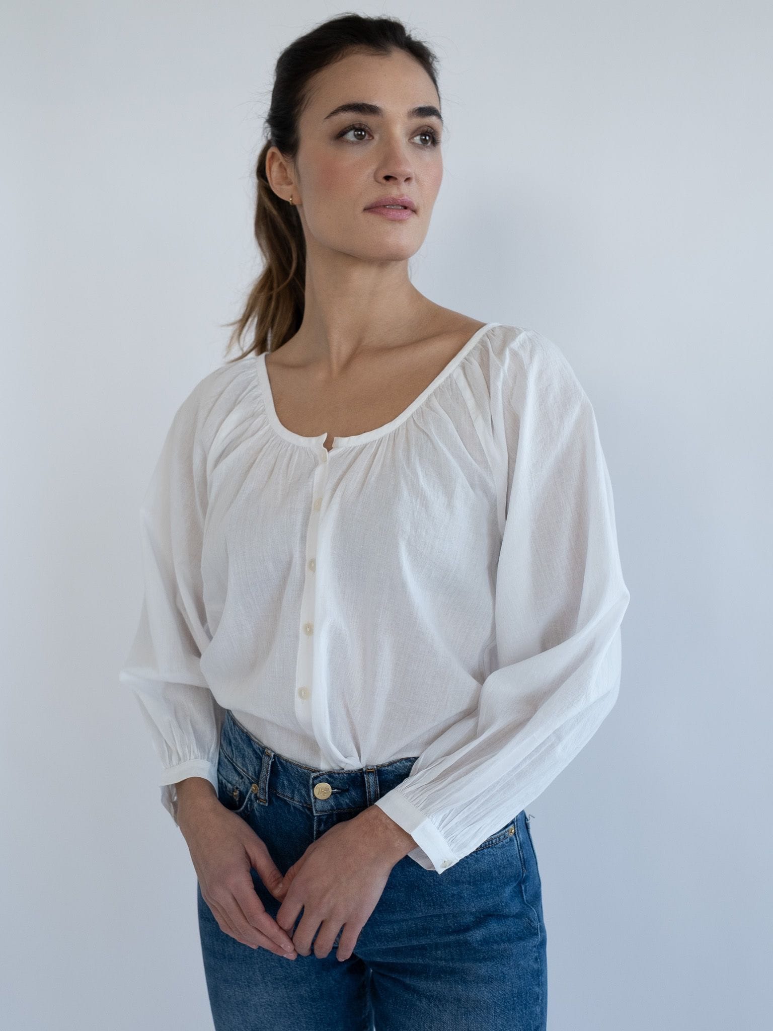 Aly Top in White | MILLE - Raglan Sleeve Cotton Voile Blouse