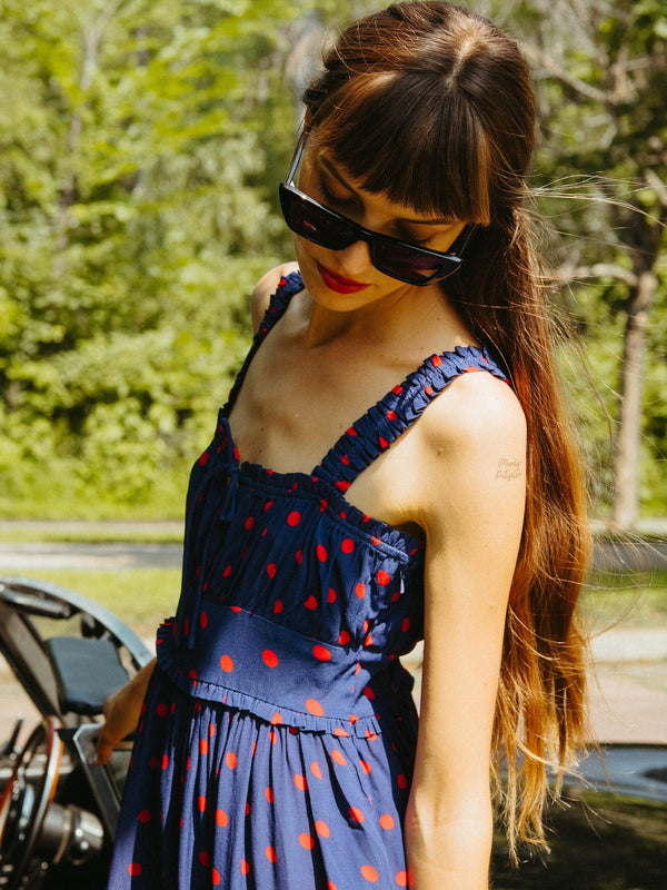Calla Dress in Navy Dot — view 2