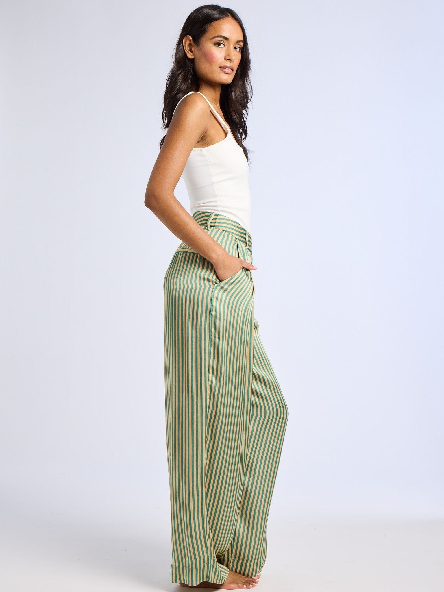 MILLE Clothing Cara Pant in Almond & Green Stripe