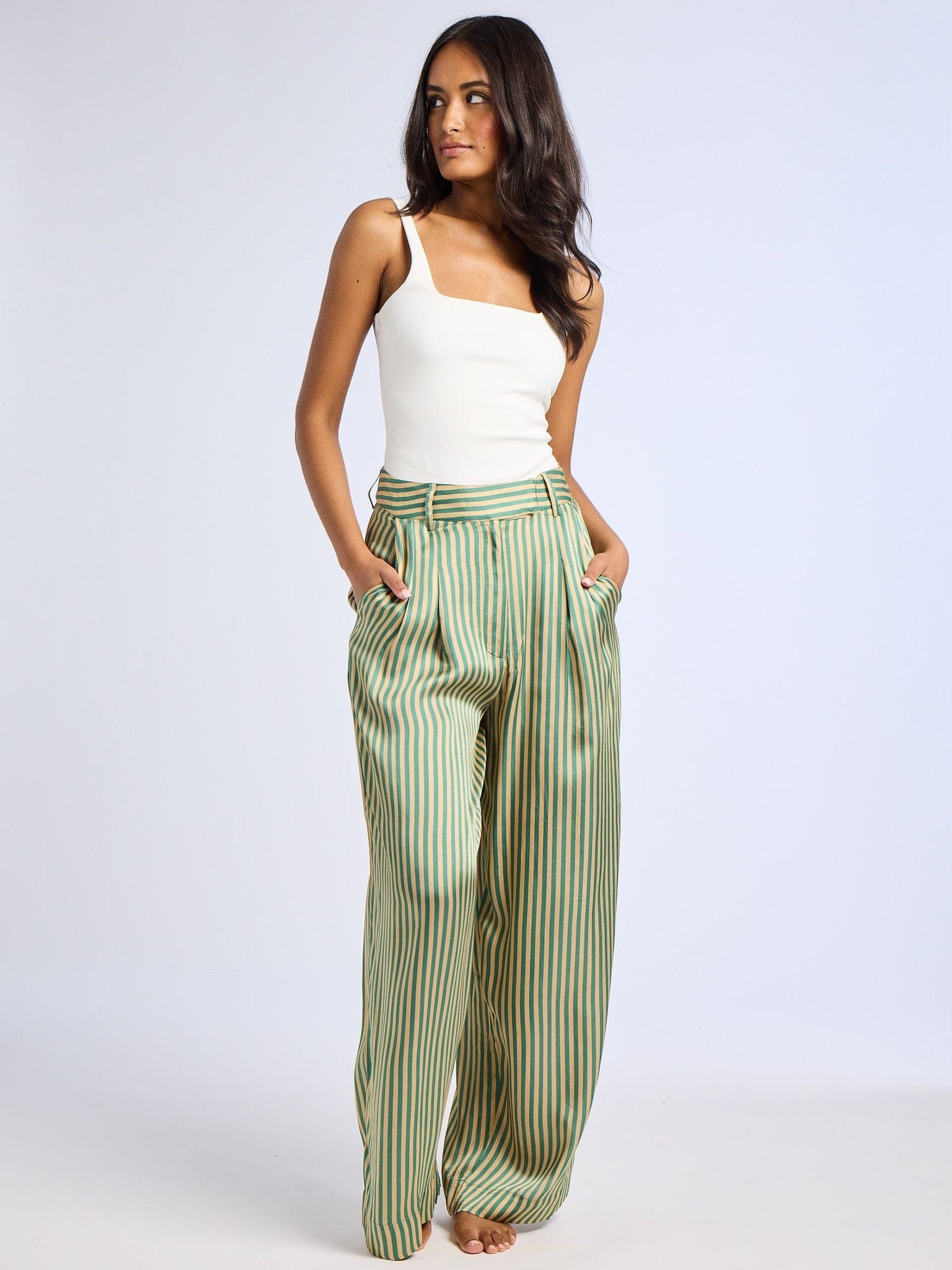 MILLE Clothing Cara Pant in Almond & Green Stripe