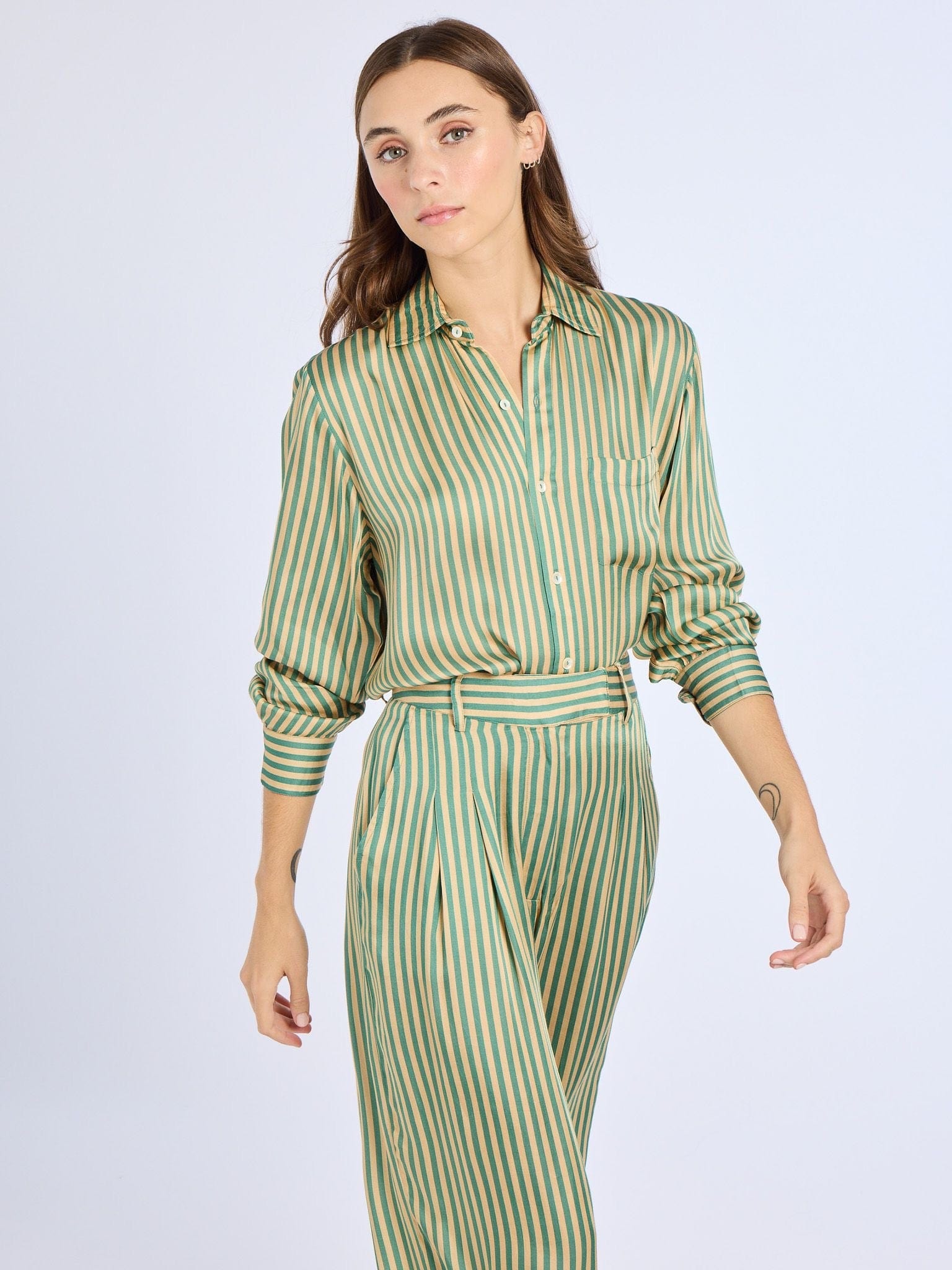 MILLE Clothing Cara Pant in Almond & Green Stripe