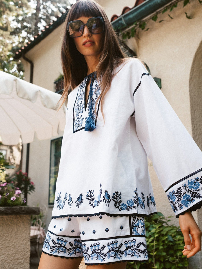 Angelica Top in Santorini Embroidery