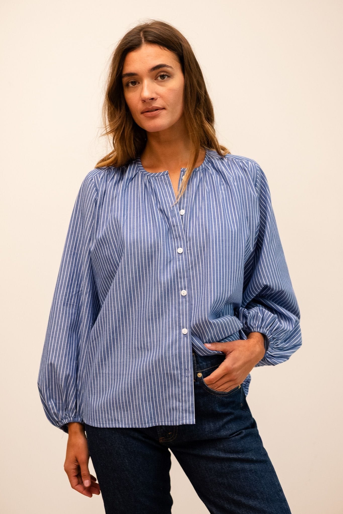 Cecily Top in Harbor Stripe | MILLE – Voluminous Sleeve Cotton Blouse