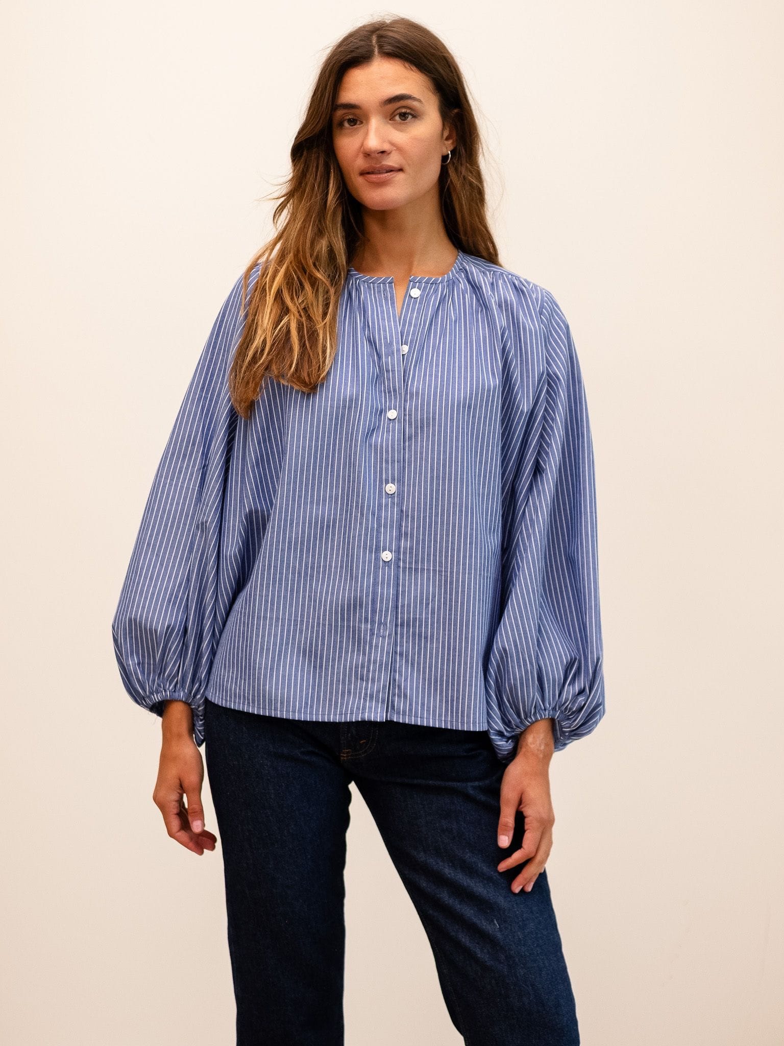 Cecily Top in Harbor Stripe | MILLE – Voluminous Sleeve Cotton Blouse