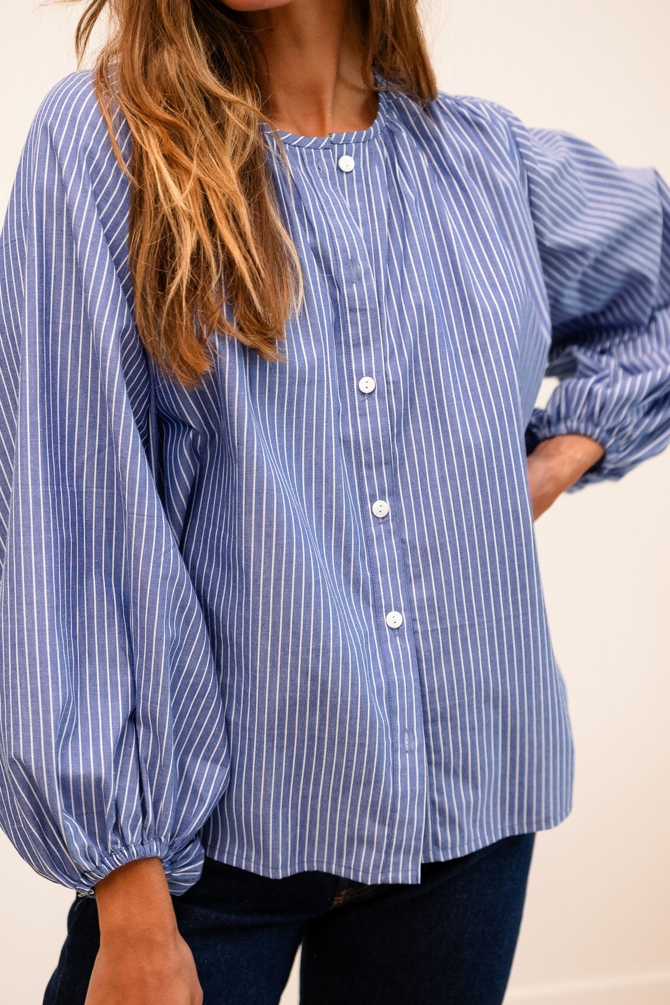 Cecily Top in Harbor Stripe | MILLE – Voluminous Sleeve Cotton Blouse