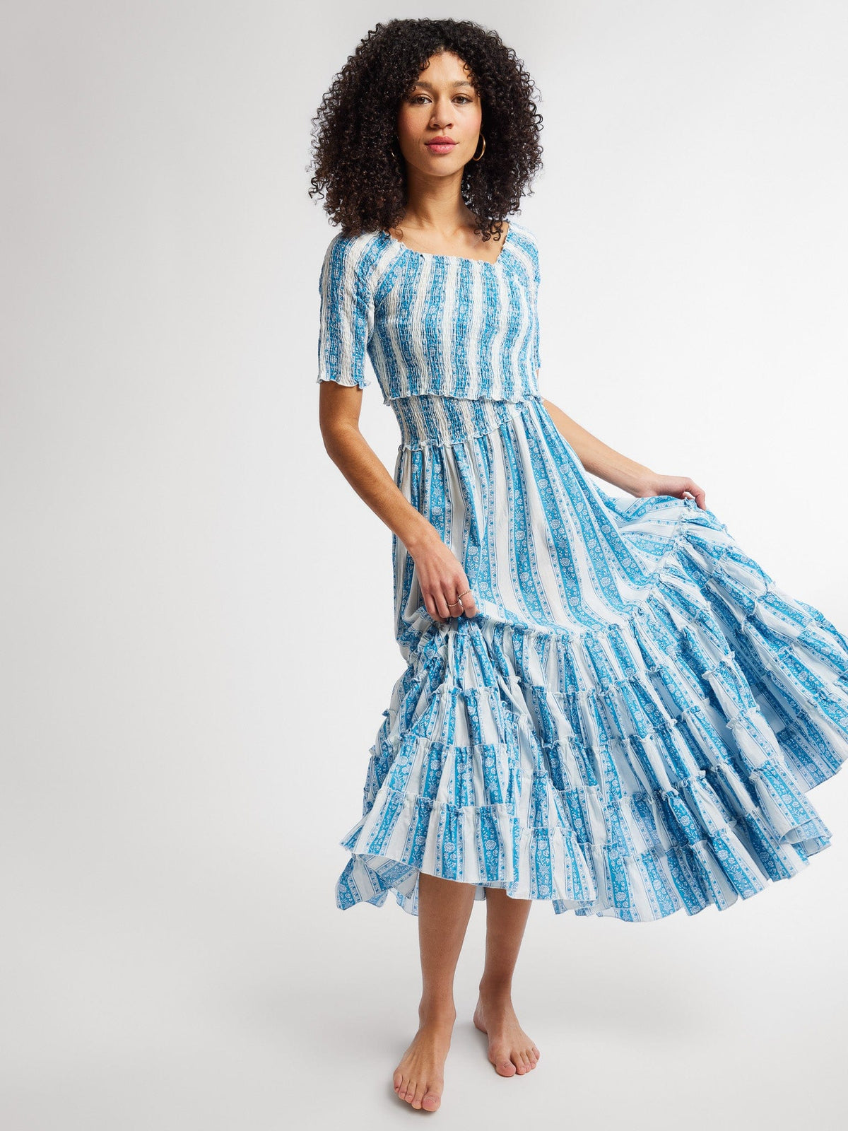 MILLE Celia Stripe Smocked Bodice Tiered Ruffle Maxi Dress in Aqua Jaipur Stripe at Nordstrom, Size X-Small