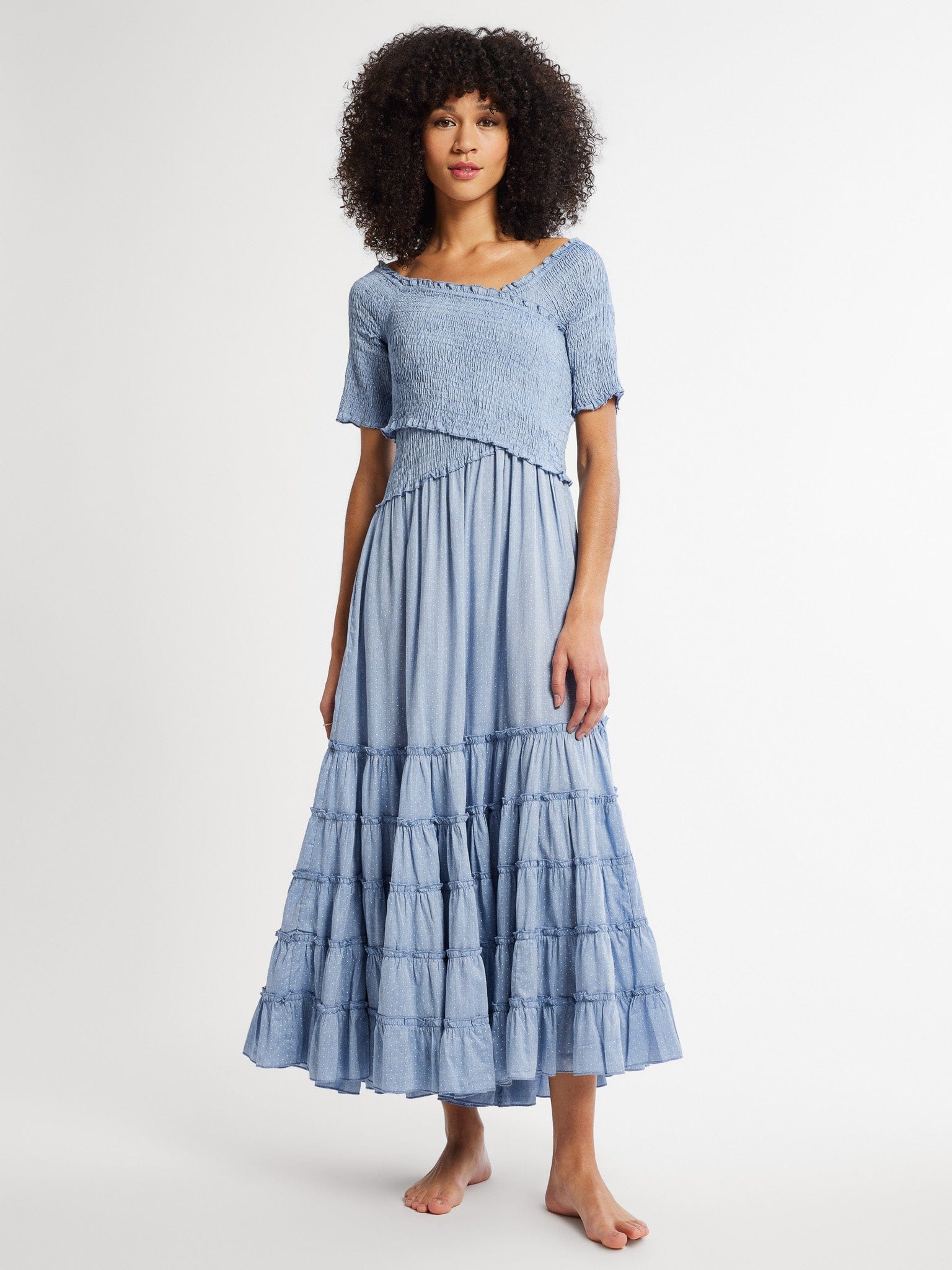 Celia Dress in Chambray Polka Dot – MILLE