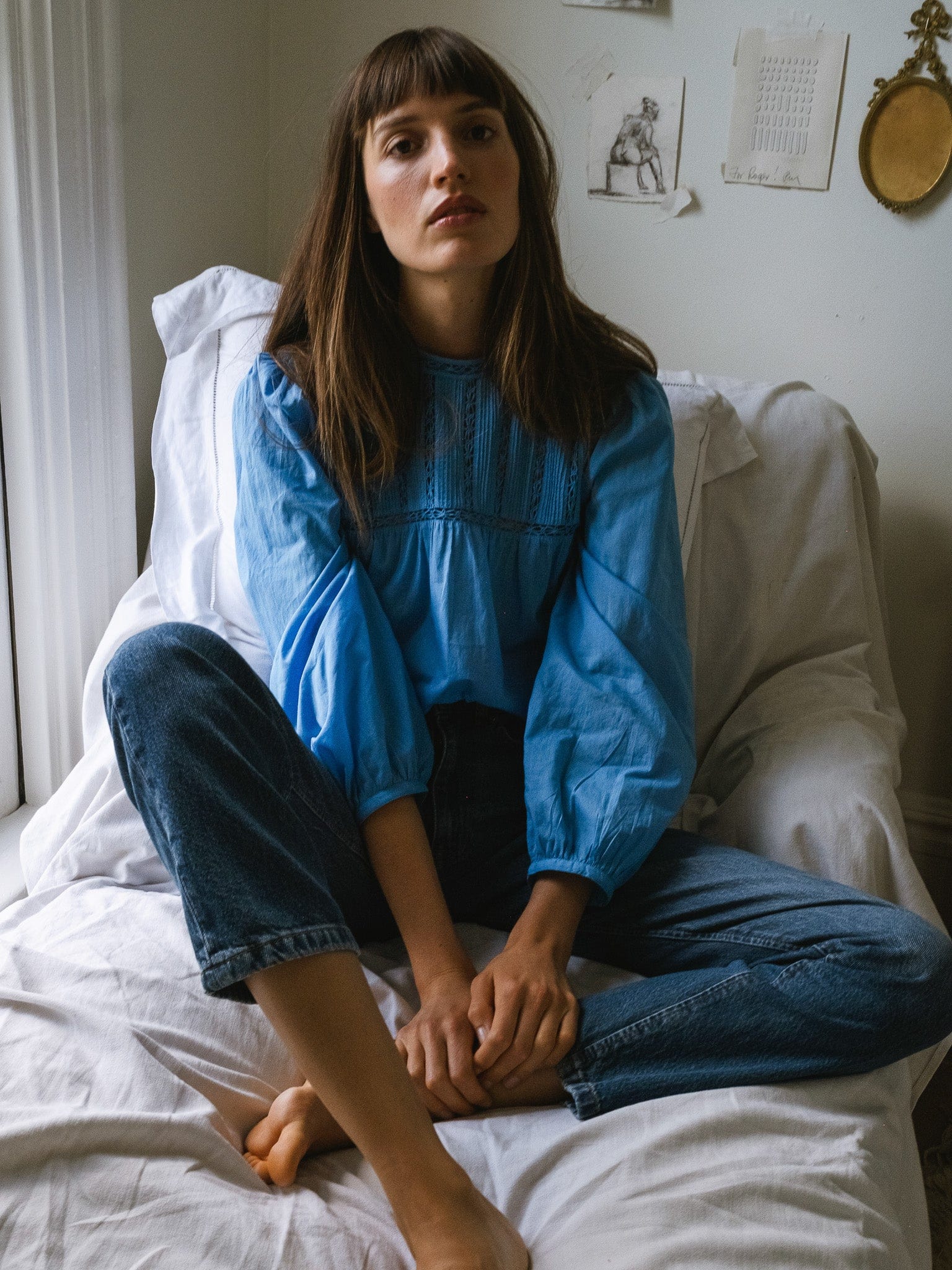 Constance Top in Cendre Blue | MILLE – Pintuck Lace Inset Long
