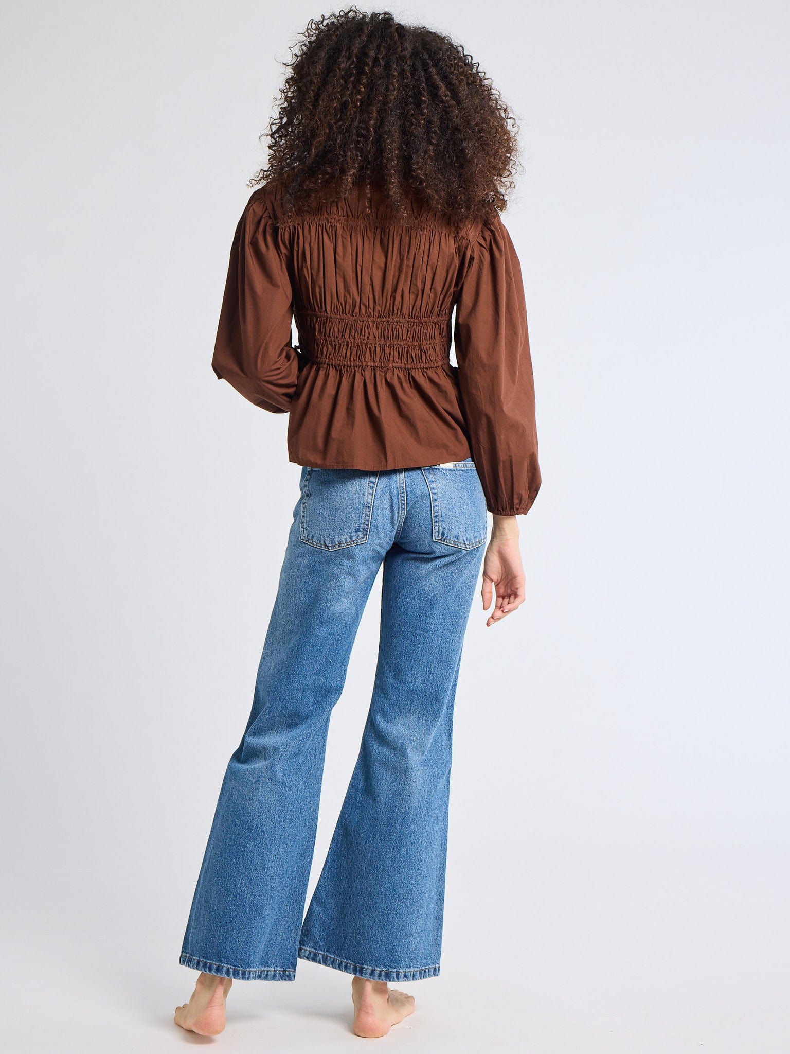 Ella Top in Chocolate | MILLE – Ruched V-Neck Long Sleeve Cotton