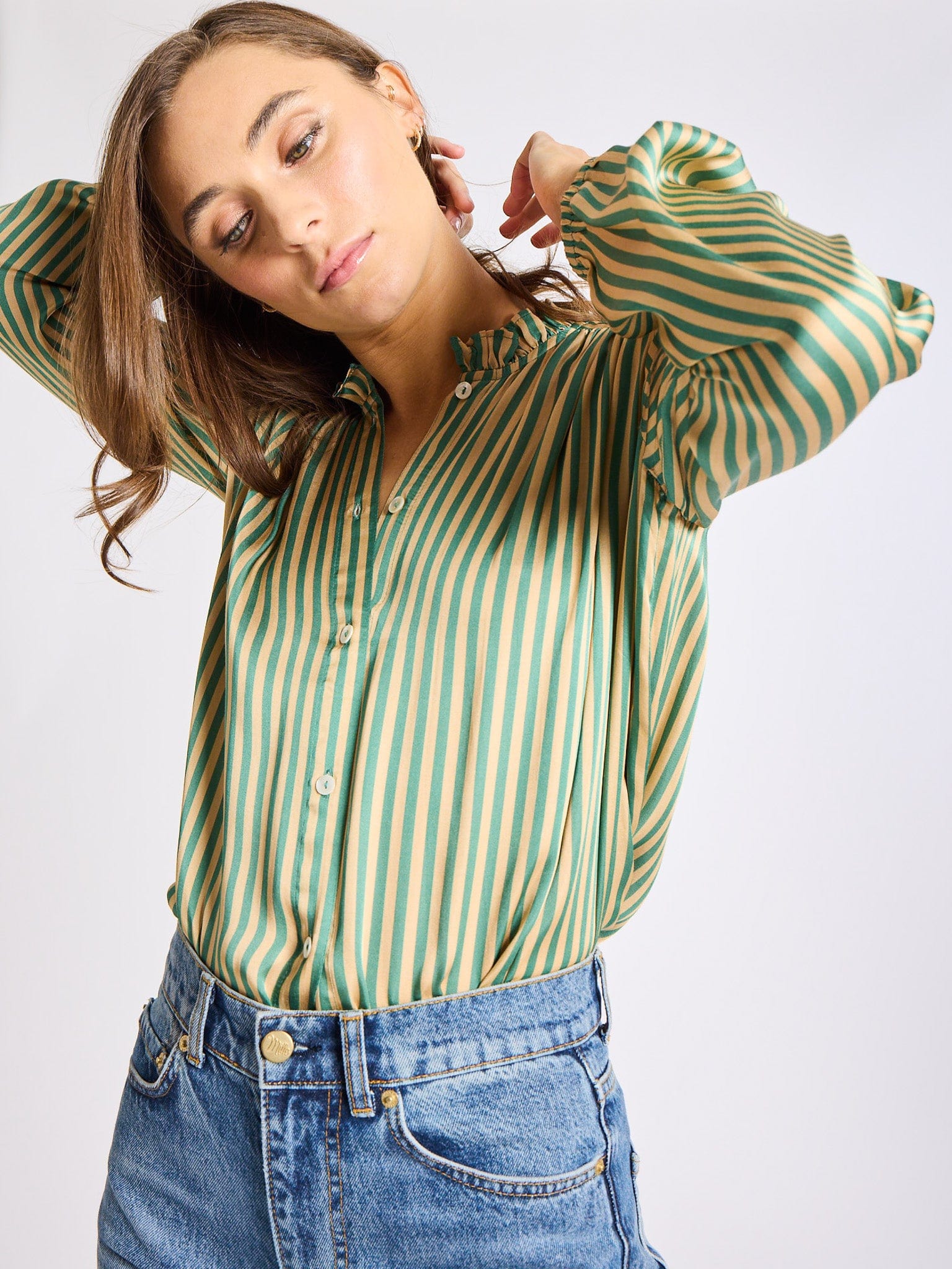 MILLE Clothing Francesca Top in Almond & Green Stripe