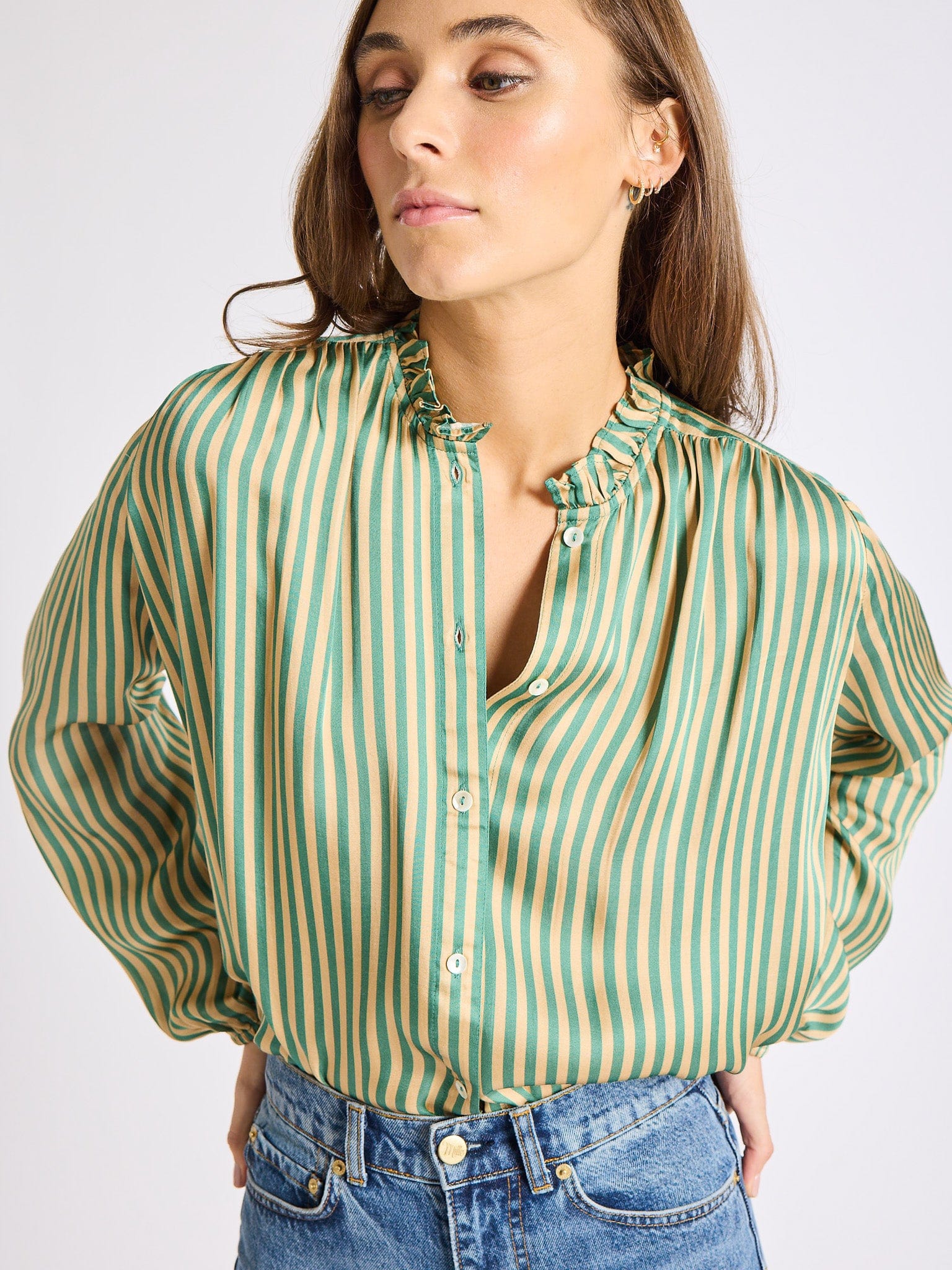 MILLE Clothing Francesca Top in Almond & Green Stripe