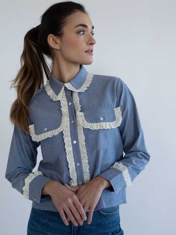 Irene Top in Chambray & Lace — view 4