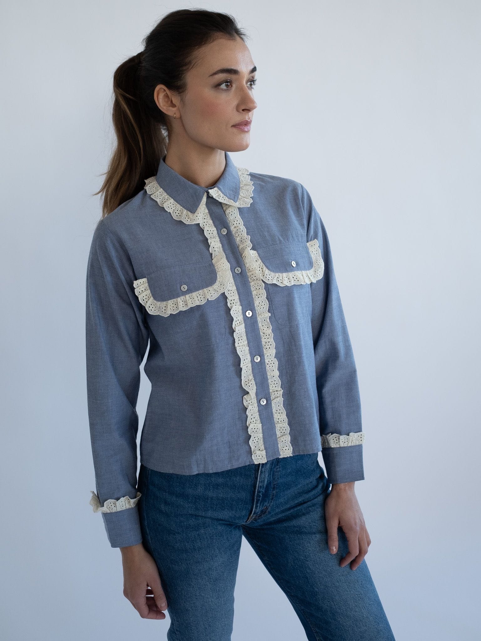 MILLE Clothing Irene Top in Chambray &amp; Lace
