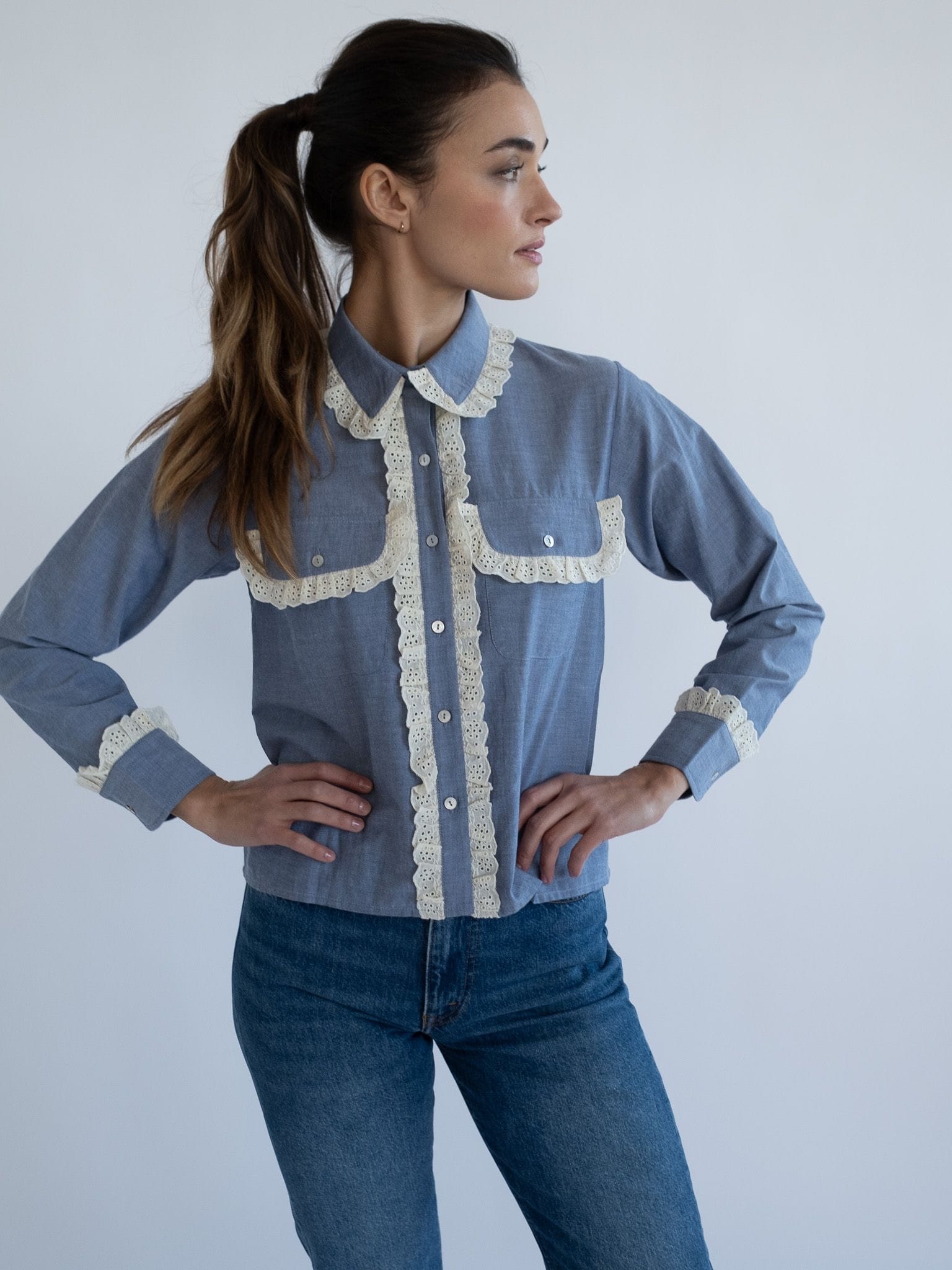 MILLE Clothing Irene Top in Chambray & Lace