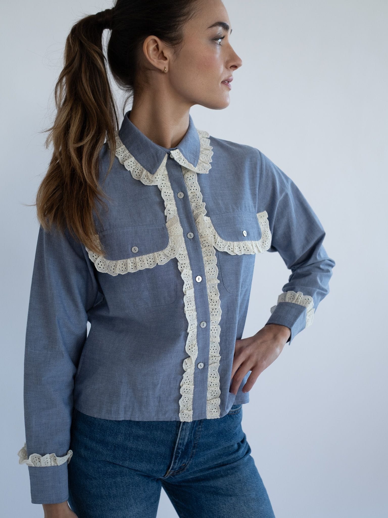 Irene Top in Chambray & Lace | MILLE – Western-Inspired