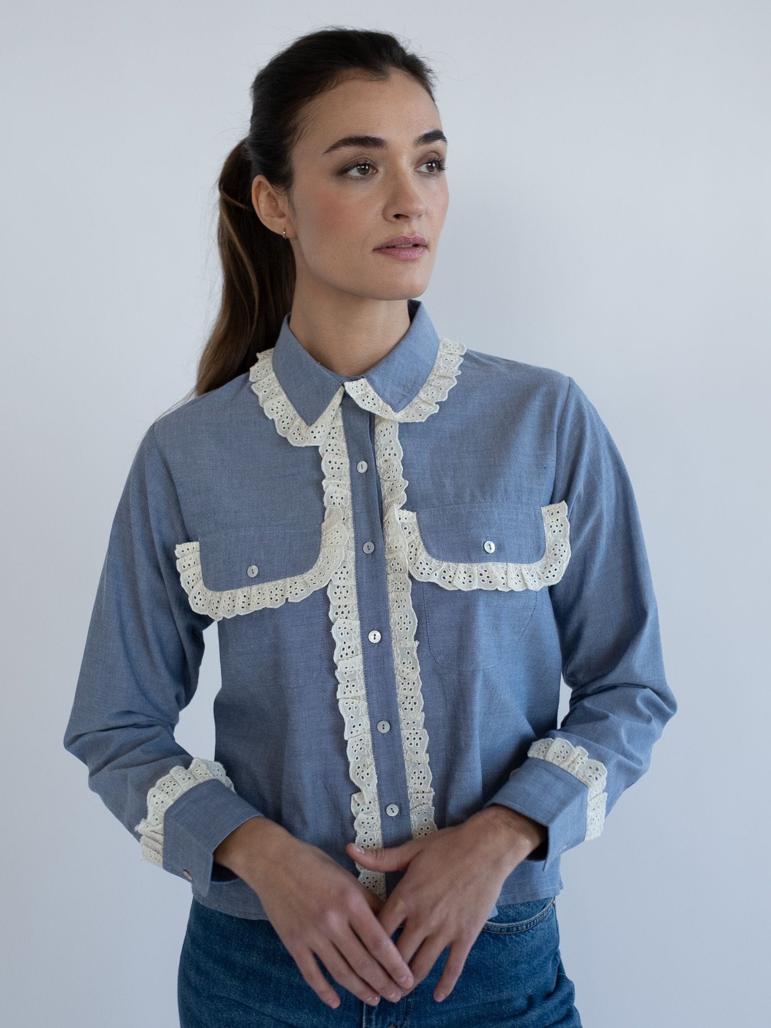 Irene Top in Chambray & Lace | MILLE – Western-Inspired
