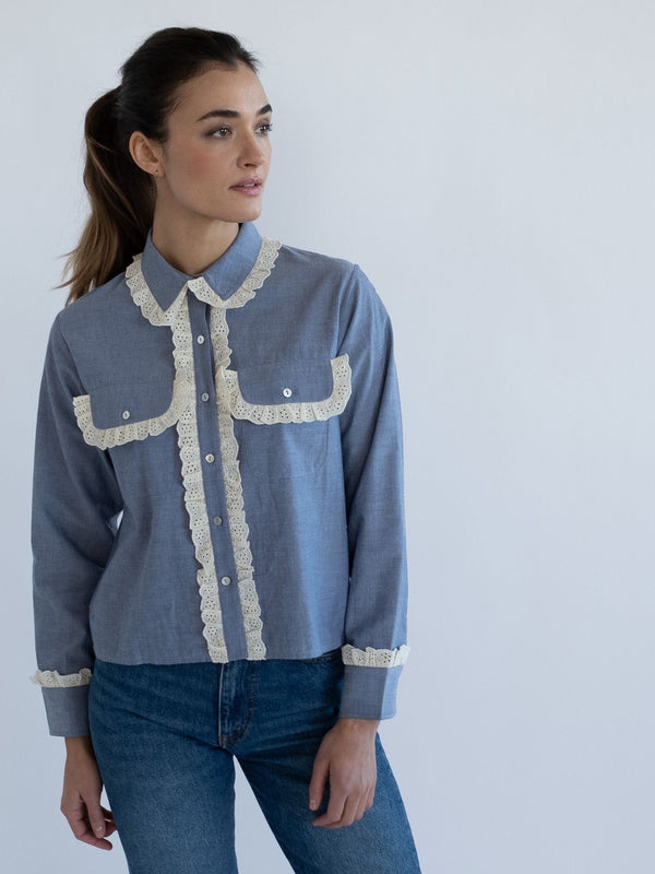 Irene Top in Chambray & Lace — view 6