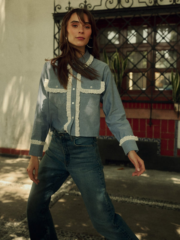Irene Top in Chambray & Lace — view 17