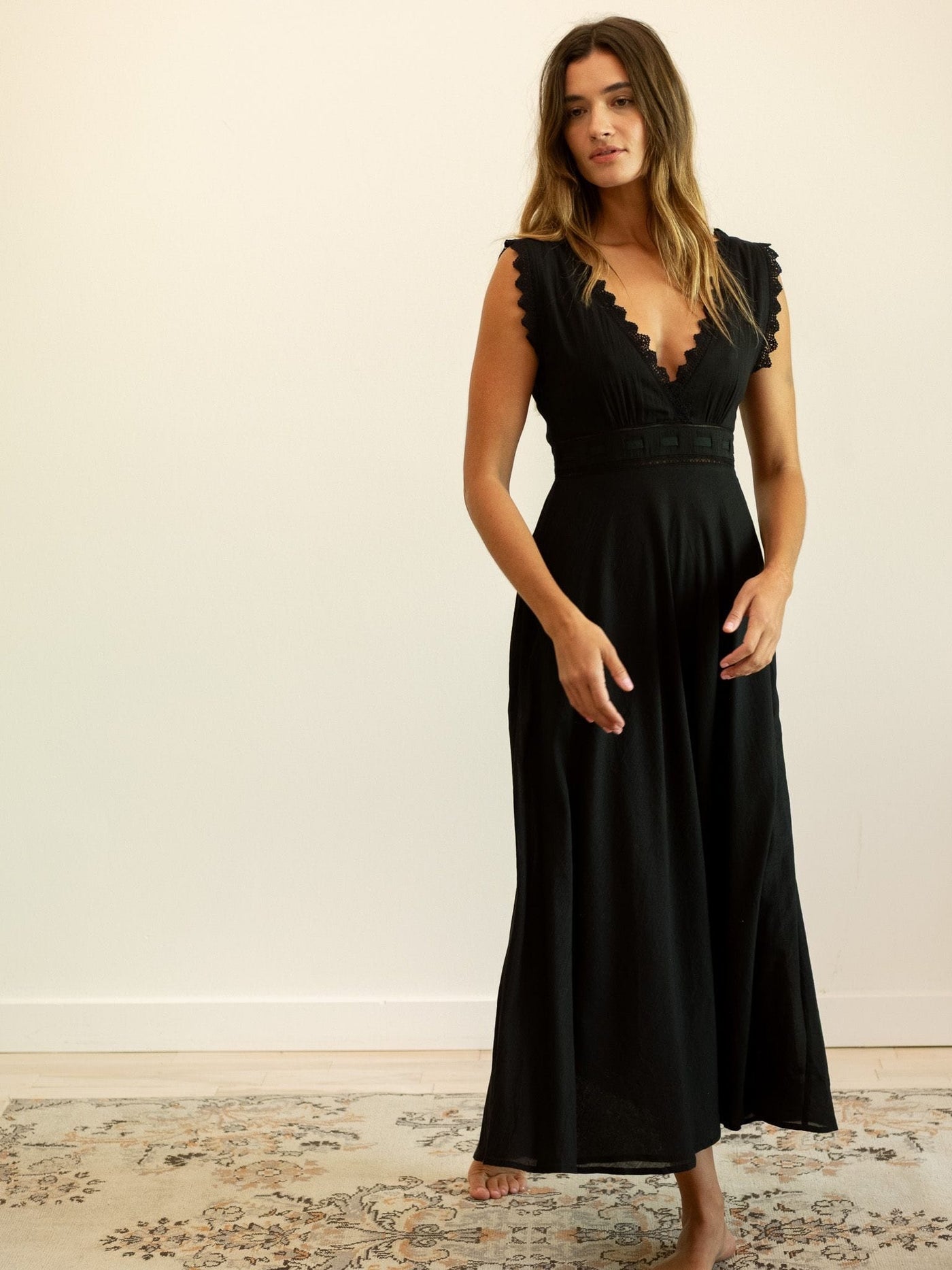 MILLE Jemma Dress in Black – sleeveless scalloped lace maxi dress, front view
