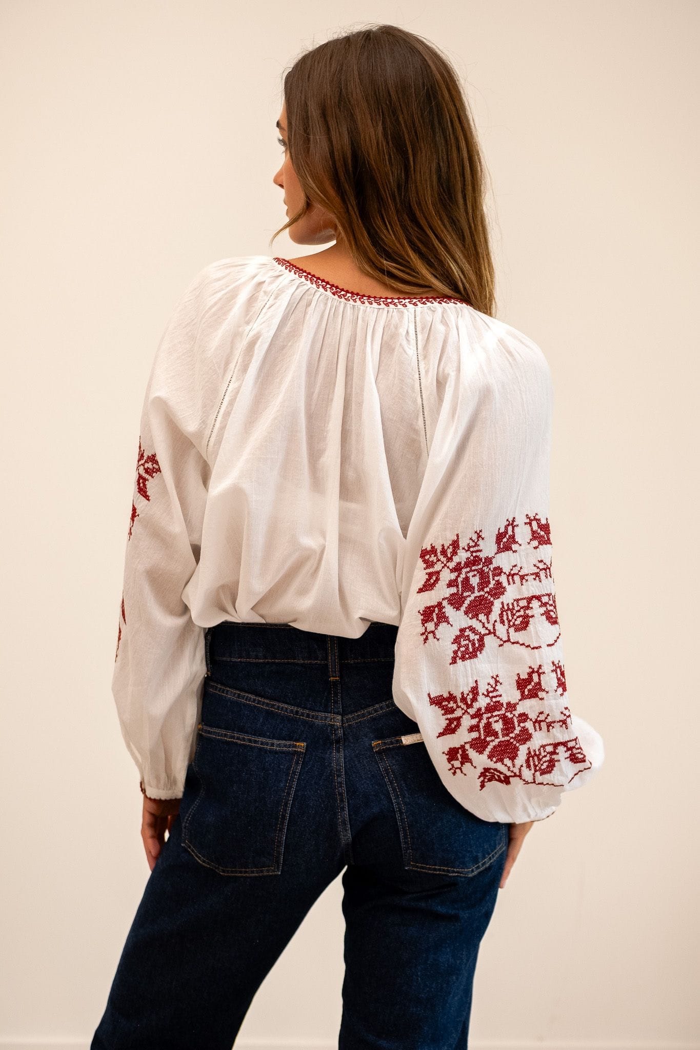 Lara Top in Rose Cross Stitch | MILLE – Embroidered Cotton Blouse