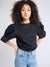 MILLE Lila Top in Black – bold puffed sleeves cotton poplin, front view