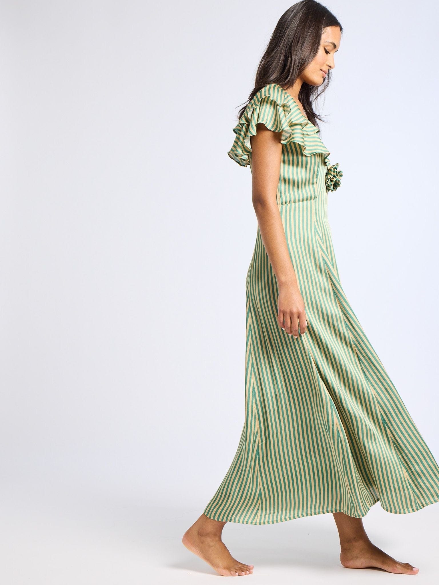 MILLE Clothing Lucie Dress in Almond & Green Stripe