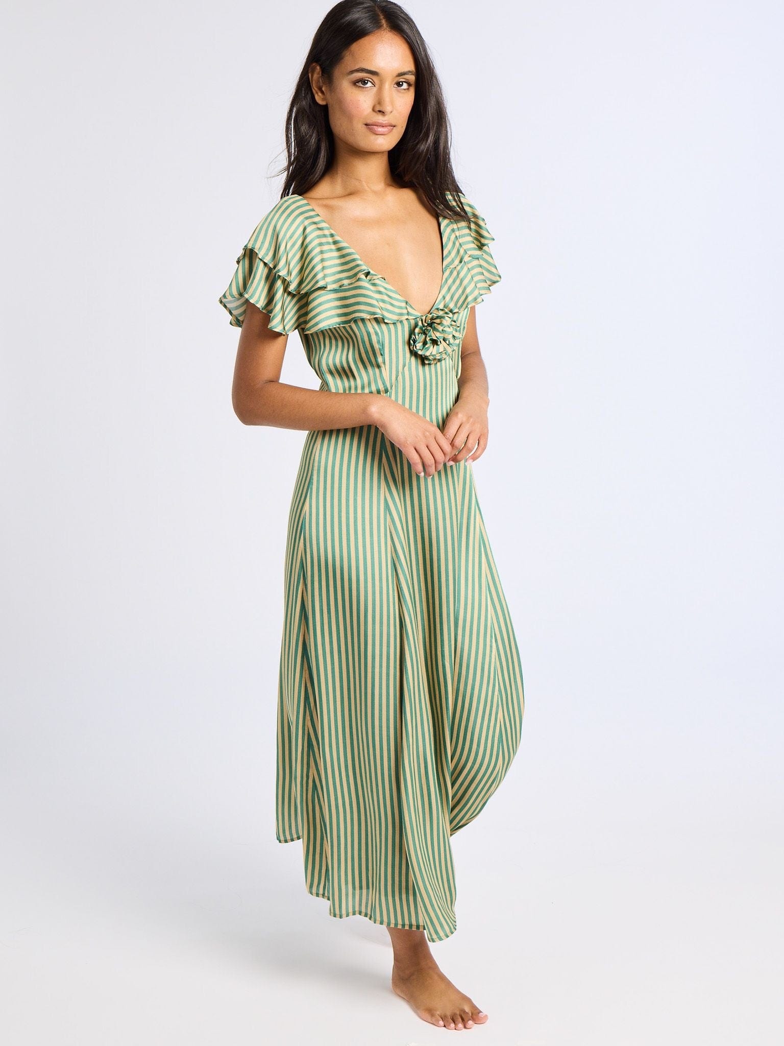 MILLE Clothing Lucie Dress in Almond &amp; Green Stripe