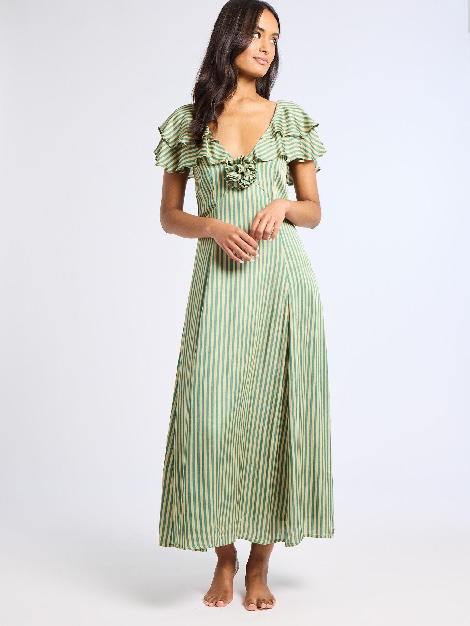 MILLE Clothing Lucie Dress in Almond & Green Stripe