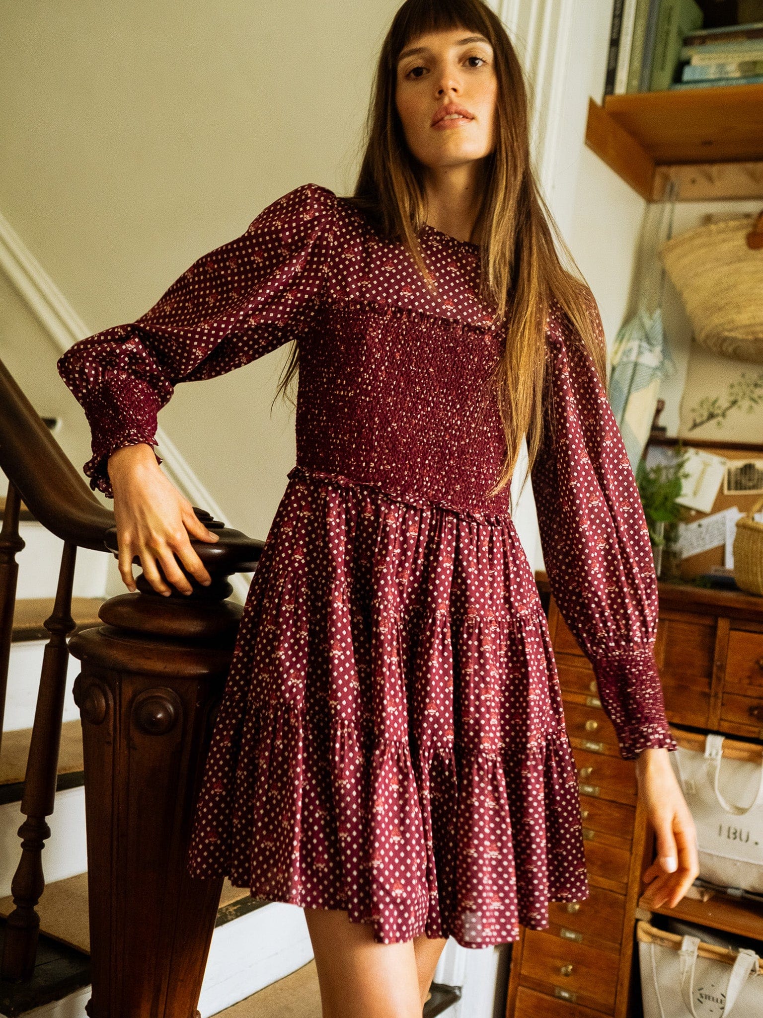 MILLE Clothing Maeve Dress in Burgundy Foulard