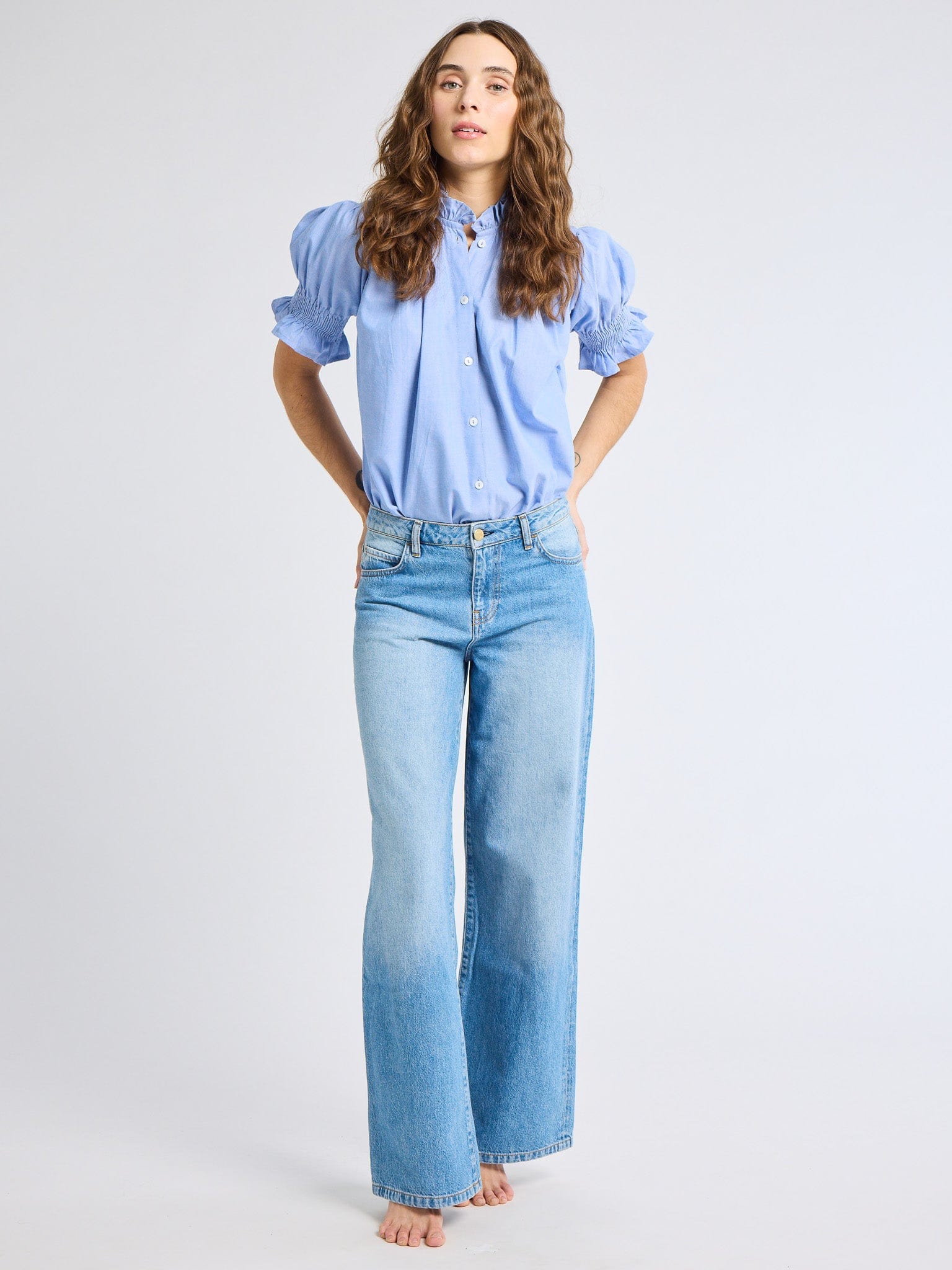 Marnie Top in Blue Oxford | MILLE – Smocked Cuff Cotton Button
