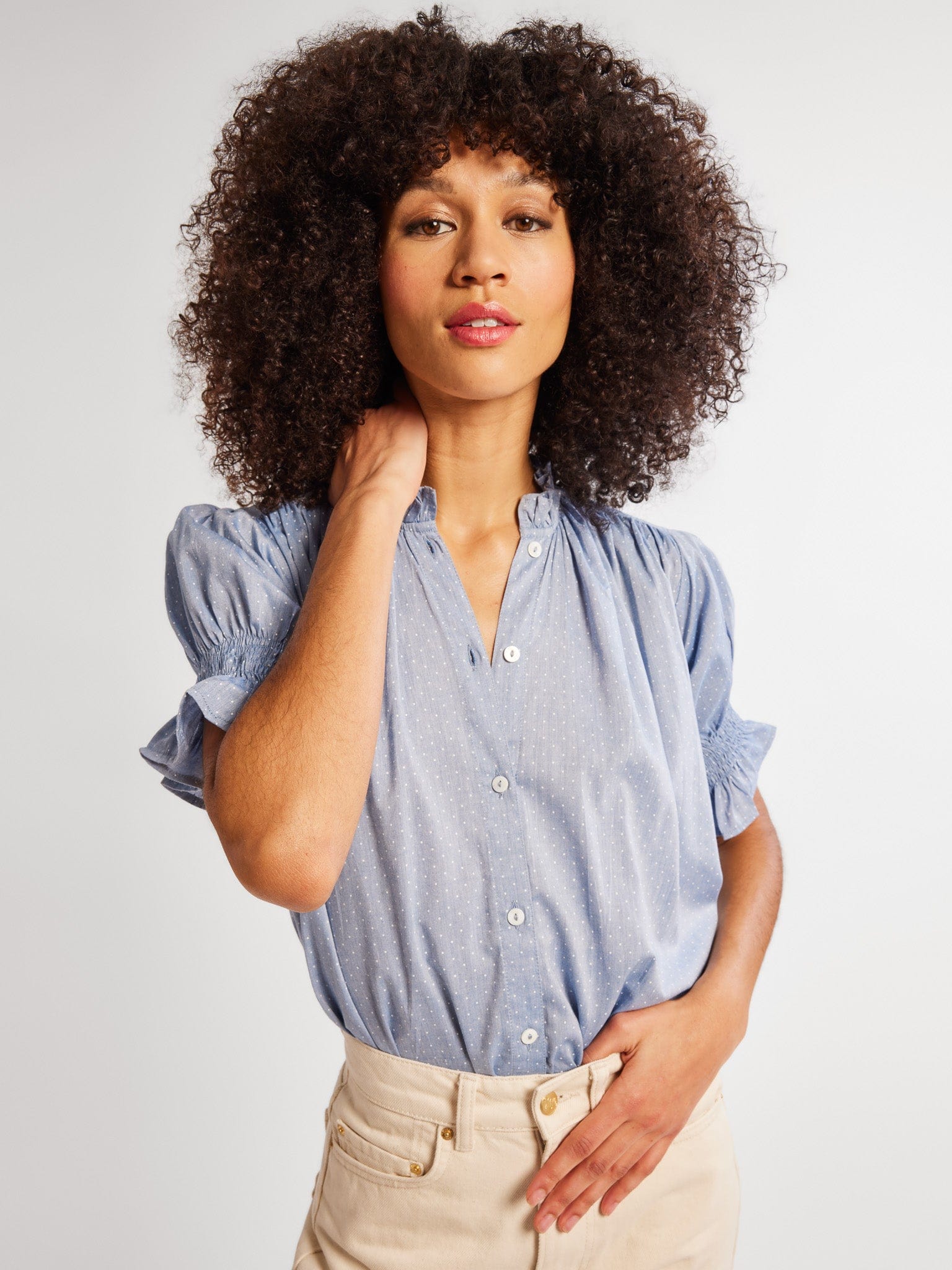 MILLE Clothing Marnie Top in Chambray Polka Dot
