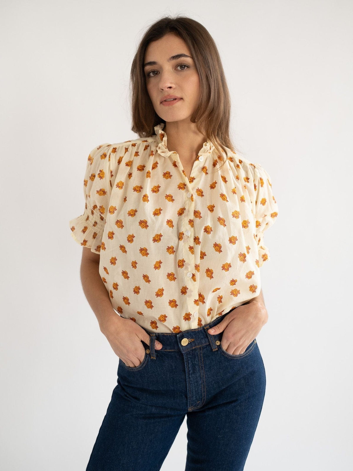 Marnie Top in Honey Petite Bouquet — hand-printed cotton top from MILLE